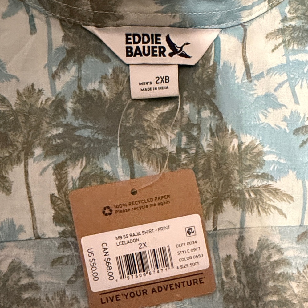 Eddie Bauer Blue and Green Palm Tree Casual Button Down Shirt - Picture 3 of 3